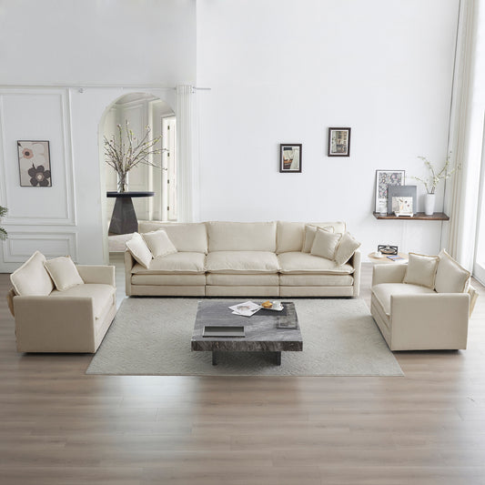 Sofa Set Of 3, 1-1-3 Seats Living Room Sofa Set, Accent Chair, Loveseat, And Three-Seat Sofa Modern Style Round Arms 3 Piece Sofa Set, Beige Chenille