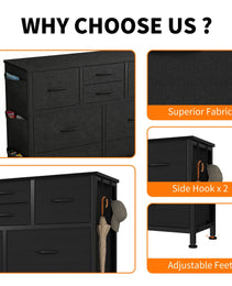 10-Drawer Dresser With Side Pocket & Hooks, Storage Cabinet With Wood Top For Bedroom Closet Organization