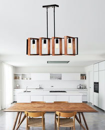 4-Light Kitchen Island Lights Pendant Light Farmhouse Dining Room Light Fixture, Rustic Wood And Black Metal Rectangular Chandelier, Hanging Lighting For Living Room,Conference Room, Home Office - CJDS