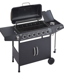 6 Burner BBQ Propane Gas Grill With Side Burner 59000 BTU Output Stainless Steel Barbecue Grill With Enamel-Coated Grates And Side Tables For Outdoor Cooking Kitchen And Patio Backyard.