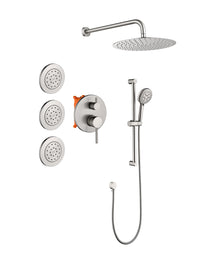 Shower System With Shower Head, Hand Shower, Slide Bar, Bodysprays, Shower Arm, Hose, Valve Trim, And Lever Handles