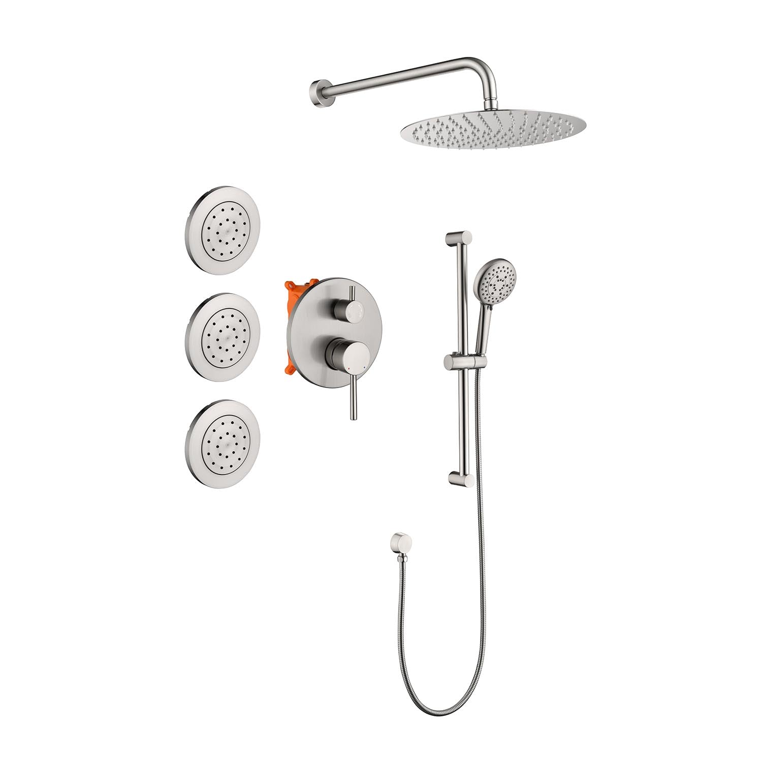 Shower System With Shower Head, Hand Shower, Slide Bar, Bodysprays, Shower Arm, Hose, Valve Trim, And Lever Handles