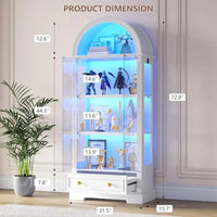 Curio Cabinet with Glass Doors LED Lights for Living Room, Wood Finish, Warm White, Adjustable Shelves and Soft-Close Hinges