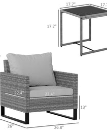 3PCS Patio Set, Wicker Bistro Set With Cushions, Rattan Chairs, Glass Coffee Table For Backyard, Porch, Balcony, Gray