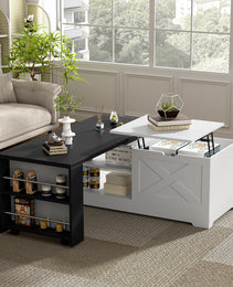 U-Can Farmhouse  Lift Top Coffee Table With Barn Doors, Wood Rectangle Center Table With Large Hidden Storage Space And Open Cabinet, For Living Room, Bedroom, Home Office