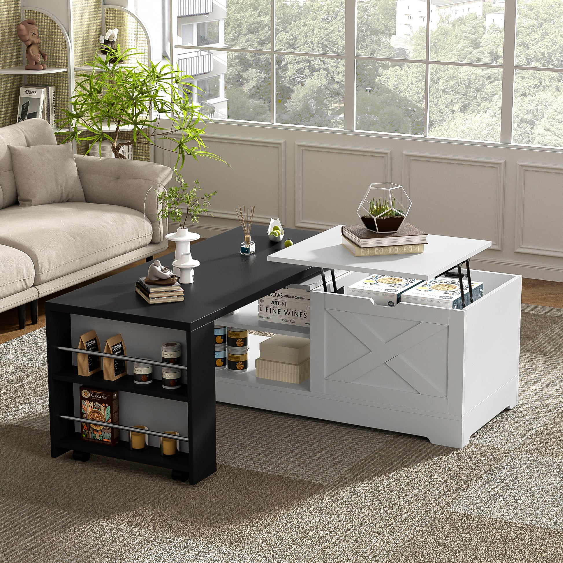 U-Can Farmhouse  Lift Top Coffee Table With Barn Doors, Wood Rectangle Center Table With Large Hidden Storage Space And Open Cabinet, For Living Room, Bedroom, Home Office