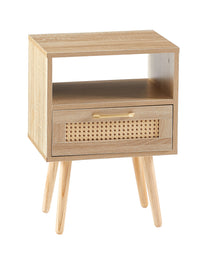 Rattan End Table With Drawer Solid Wood Legs Modern Nightstand Side Table