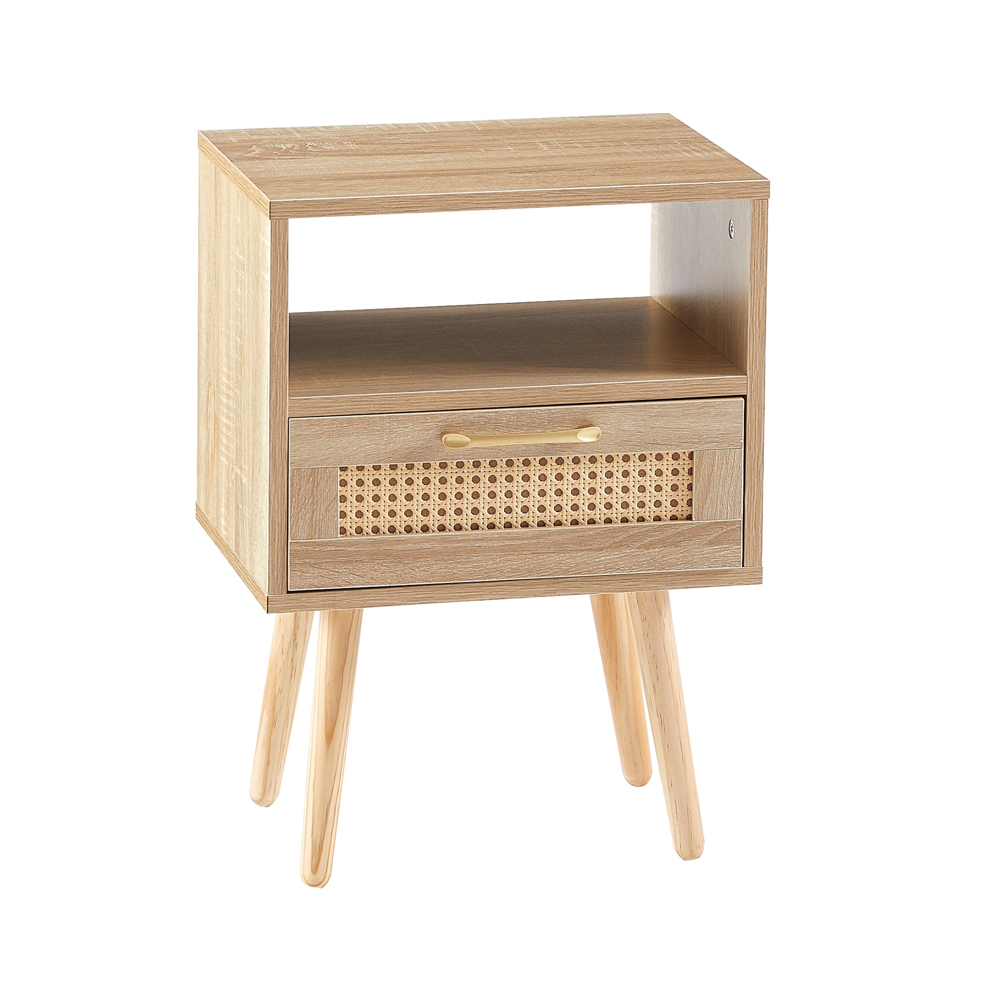 Rattan End Table With Drawer Solid Wood Legs Modern Nightstand Side Table