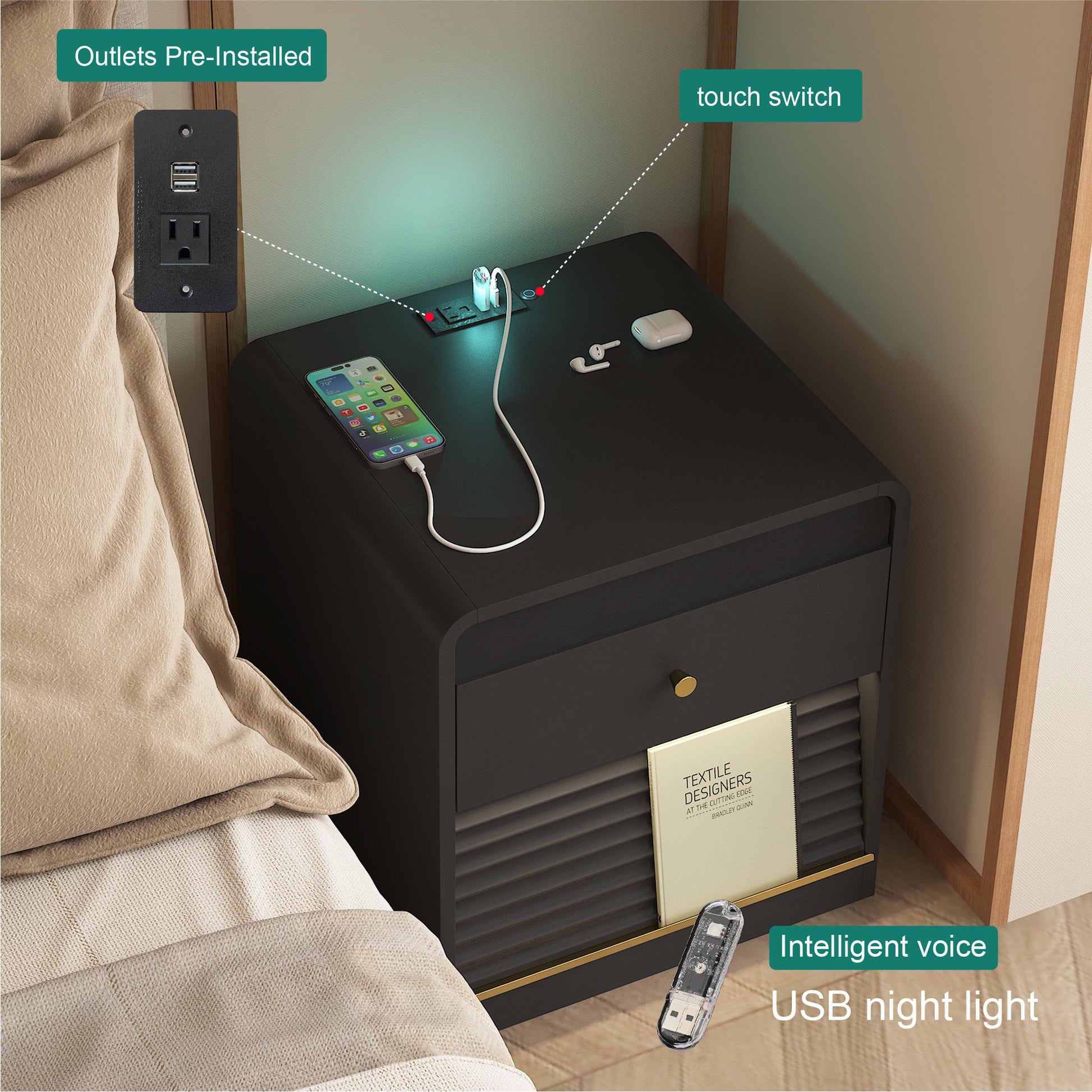Nightstand With Charging Station, Smart Nightstand With Night Light,with Led Lights,Bedside Tables With Storage Cabinet For Bedroom,Black