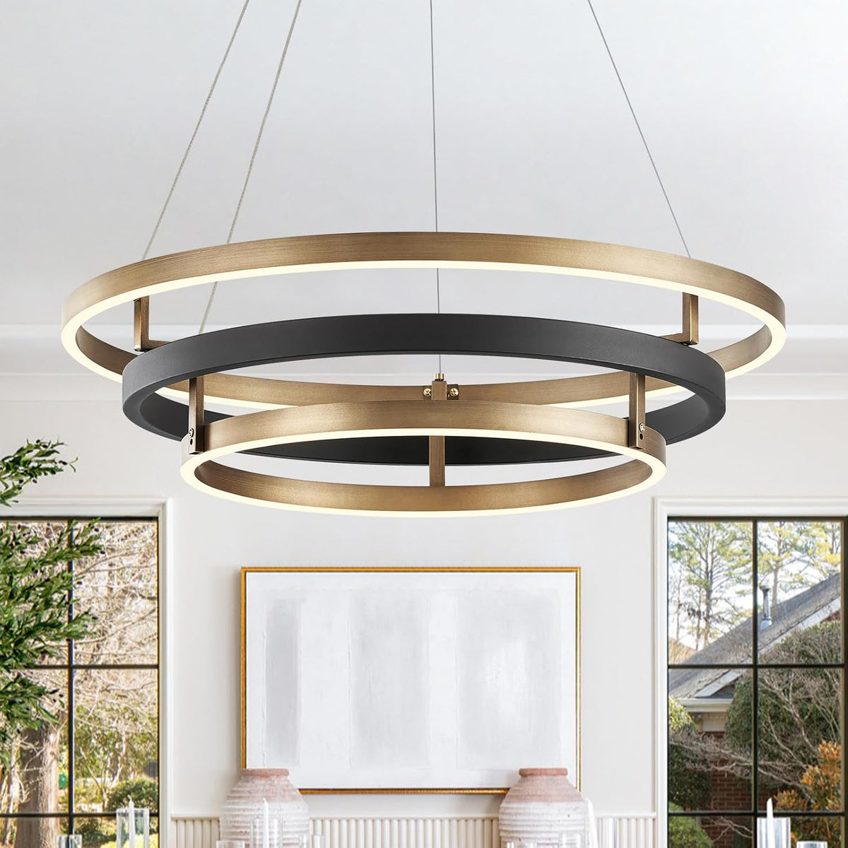 Modern Brass Chandelier for Living Room LED 3 Ring Chandeliers Black Gold