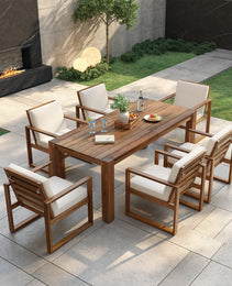 TREXM Patio Table And Chairs Set  Outdoor Dining Set For 6 With Umbrella Hole  7 Piece Outdoor Patio Furniture Set Wood Frame With Removable Cushion For Garden  Backyard  Lawn  And Poolside
