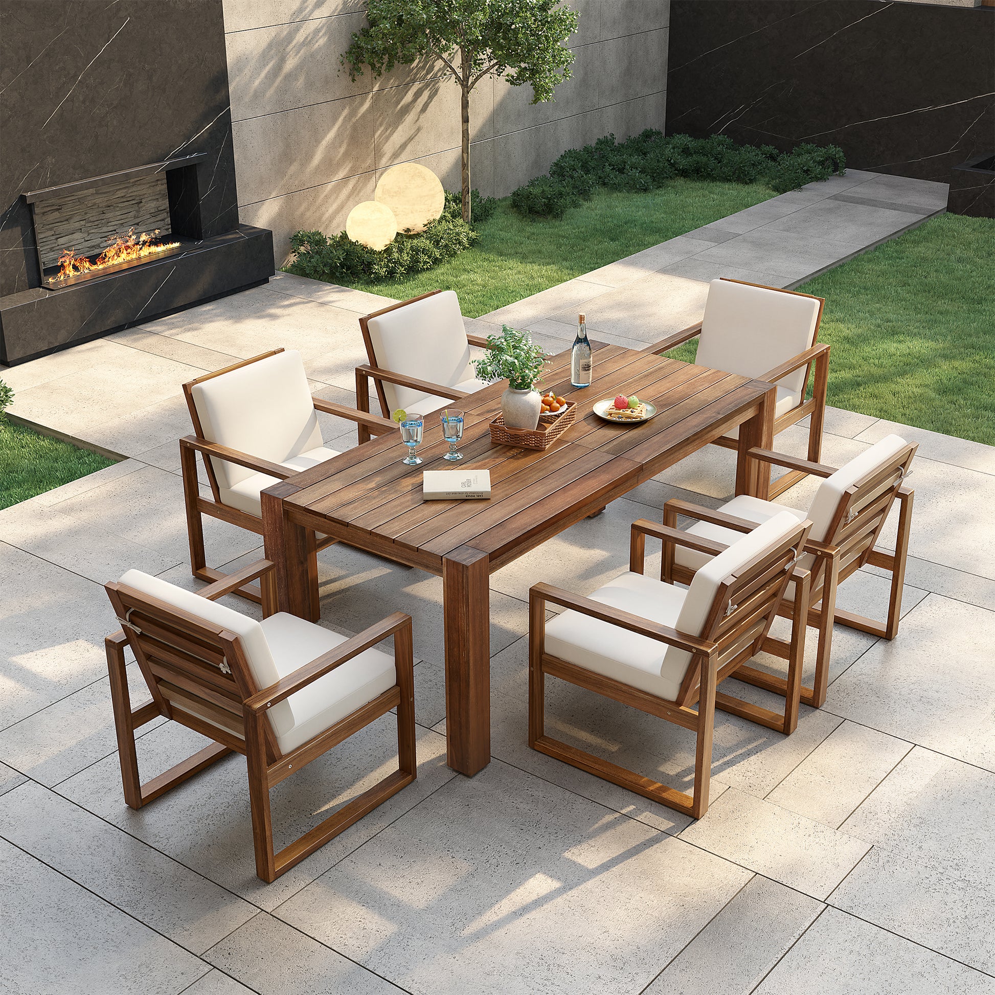 TREXM Patio Table And Chairs Set  Outdoor Dining Set For 6 With Umbrella Hole  7 Piece Outdoor Patio Furniture Set Wood Frame With Removable Cushion For Garden  Backyard  Lawn  And Poolside