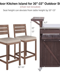 K&K 53.3  Outdoor Kitchen Island With Raised Shelf, Solid Wood Storage Cabinet With Stainless Steel Top, Outdoor Rolling Grill Cart With Internal Storage Rack, Adjustable Shelf, Spice Rack, Brown