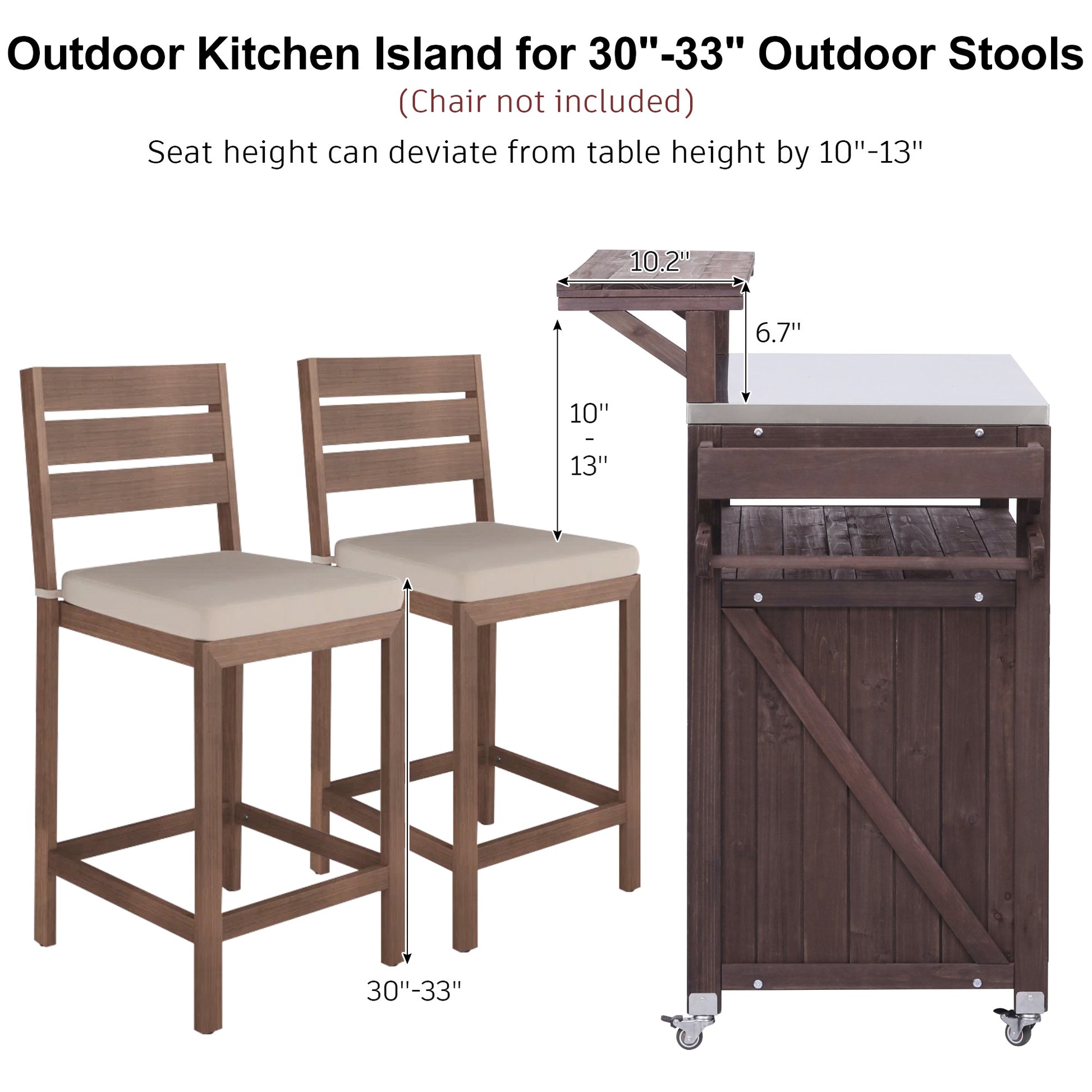 K&K 53.3  Outdoor Kitchen Island With Raised Shelf, Solid Wood Storage Cabinet With Stainless Steel Top, Outdoor Rolling Grill Cart With Internal Storage Rack, Adjustable Shelf, Spice Rack, Brown
