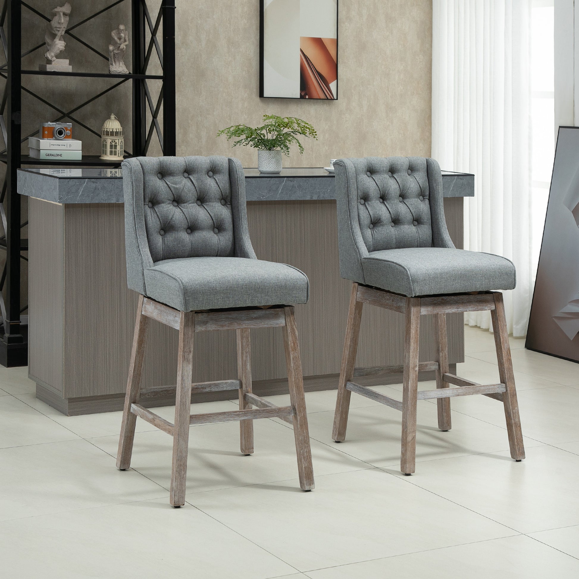Bar Height Bar Stools Set of 2, 180 Degree Swivel Barstools with Solid Wood Footrests and Button Tufted Design, 30" Seat Height Bar Chairs for Kitchen Island, Gray