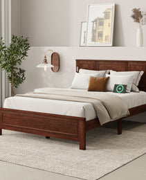 Queen Size Bed With Tall-Panel Headboard & Footboard, Built-in LED Lights, USB Charging Station, Pinewood Bed With Strengthened Bed Frame ,Walnut