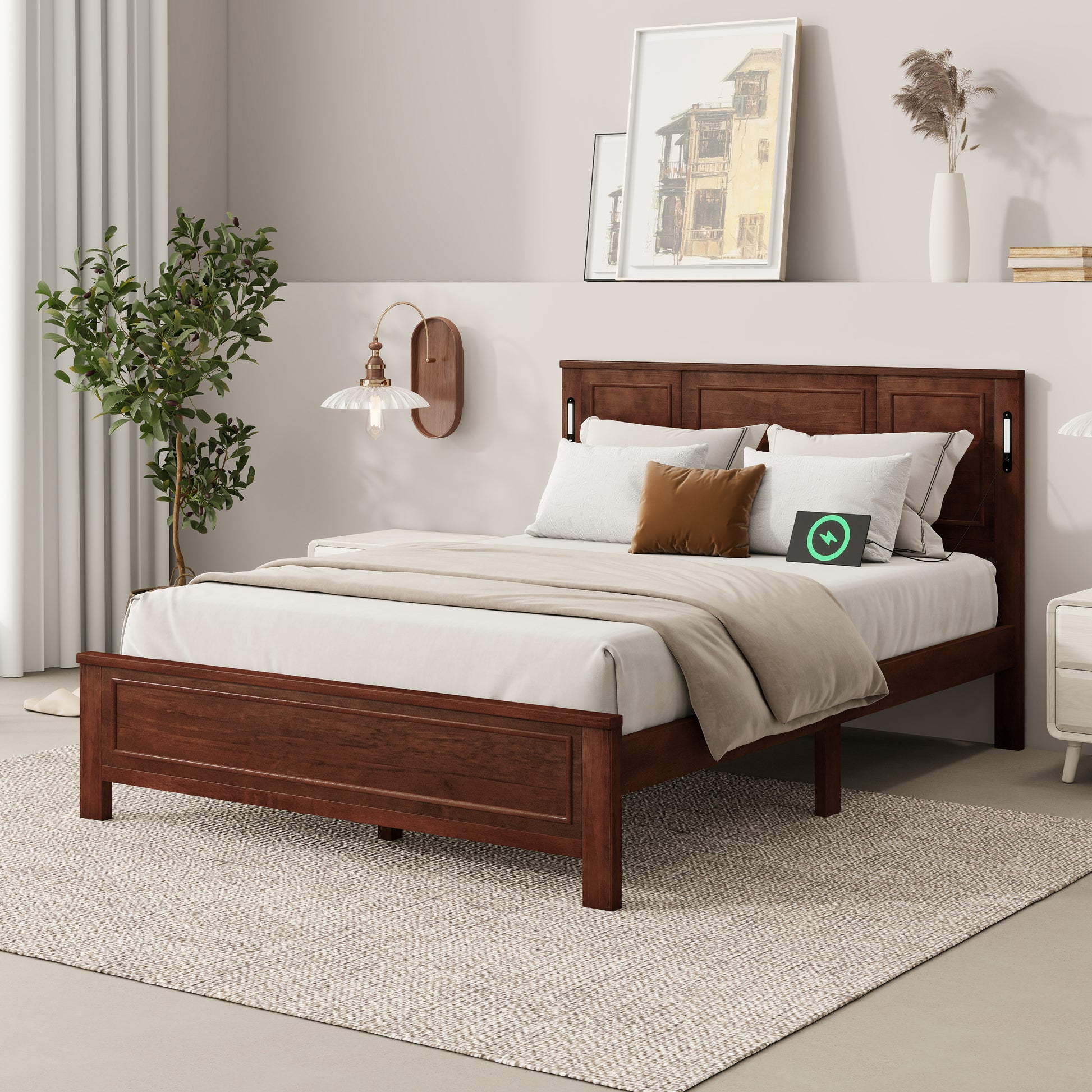 Queen Size Bed With Tall-Panel Headboard & Footboard, Built-in LED Lights, USB Charging Station, Pinewood Bed With Strengthened Bed Frame ,Walnut