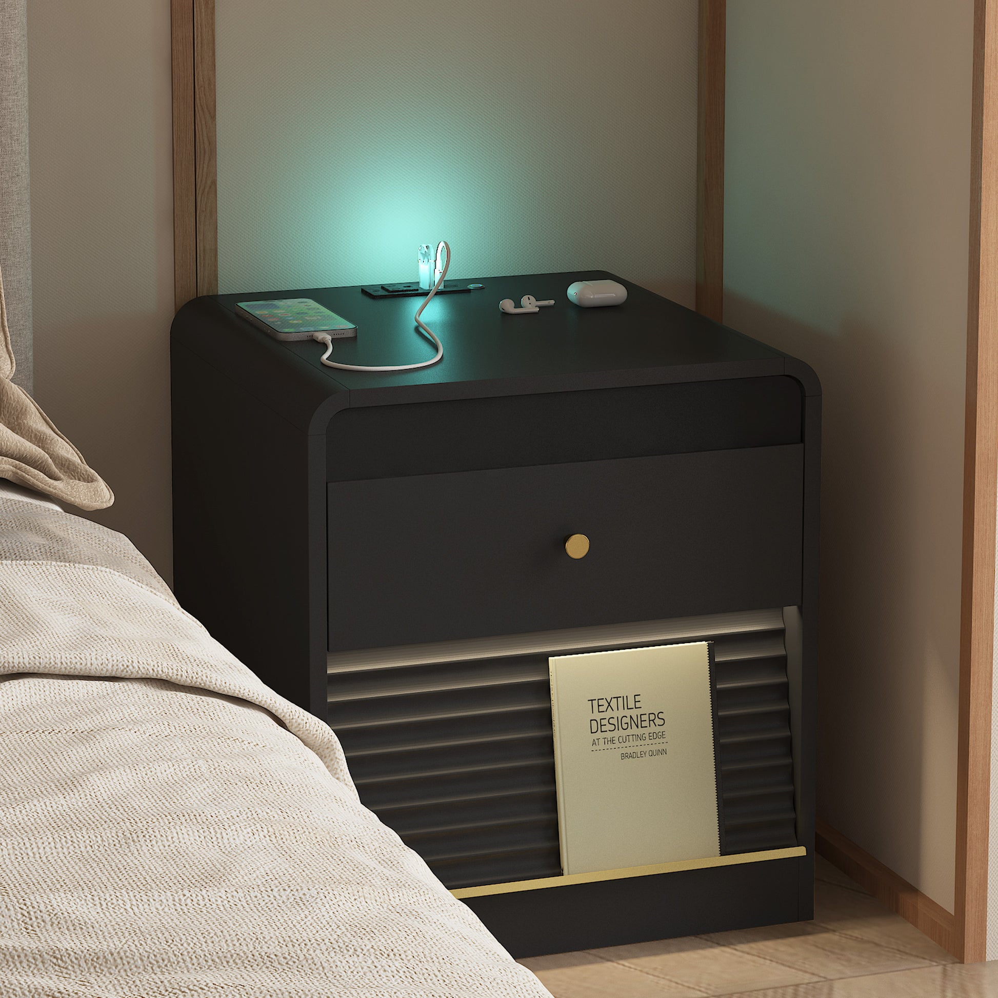 Nightstand With Charging Station, Smart Nightstand With Night Light,with Led Lights,Bedside Tables With Storage Cabinet For Bedroom,Black