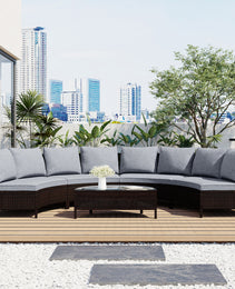TOPMAX 5 Pieces All-Weather Brown PE Rattan Wicker Sofa Set Outdoor Patio Sectional Furniture Set Half-Moon Sofa Set With Tempered Glass Table, Grey