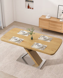 47.25 -63 Dining Table, Original Wood Color, Seating 4-6 People, Retractable Table, Cross Metal Base And Stainless Steel Tubing Natural