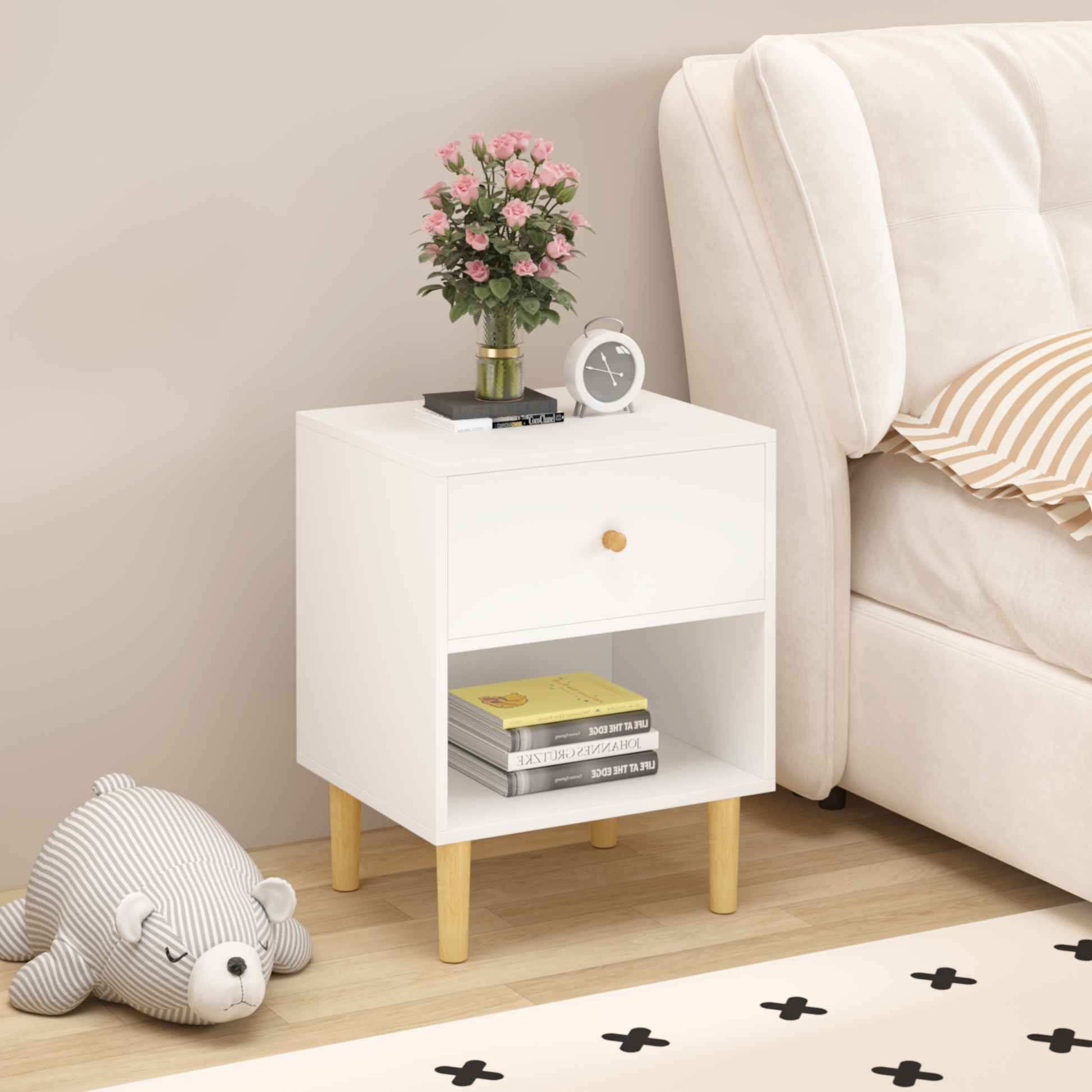 23.22''H Wooden Nightstand With One Drawer One Shelf For Kids, Adults, White