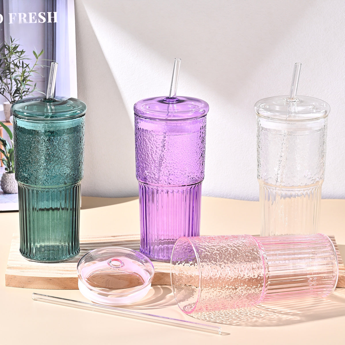 20 Oz 2-pack Purple Glass Straw Cup With Vertical Pattern Cup And Lid, High Borosilicate Heat-resistant Glass Cup For Juice, Milk And Cold Drinks