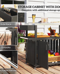 Outdoor Bar Cart with Storage, Stainless Steel Outdoor Bar Table Top, Wheeled HDPE Kitchen Island for Food Prep, Black