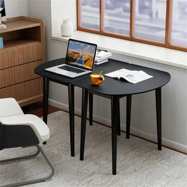 45" Extendable Dining Table Set, 2 Half-Round Tables Convertible To Oval For 4-6 People Black