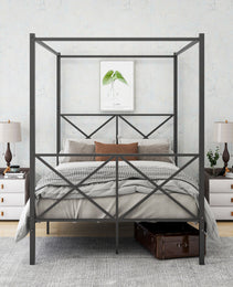Metal Canopy Bed Frame, Platform Bed Frame With X Shaped Frame Full Black