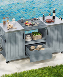 K&K 66.5 Outdoor Kitchen Island, Solid Wood Outdoor Grill Cart, Featuring Stainless Steel Countertop And Drawers, Compatible With Large Green Egg Grill, Carducci Gray And Blue Model