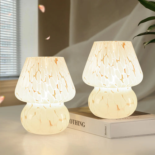 Mushroom Table Lamps Set of 2, Dimmable Glass Bedside Lamp, Cute Small Nightstand Lamp for Living Room, Bedroom, Home Decor, 7.1'' H, White