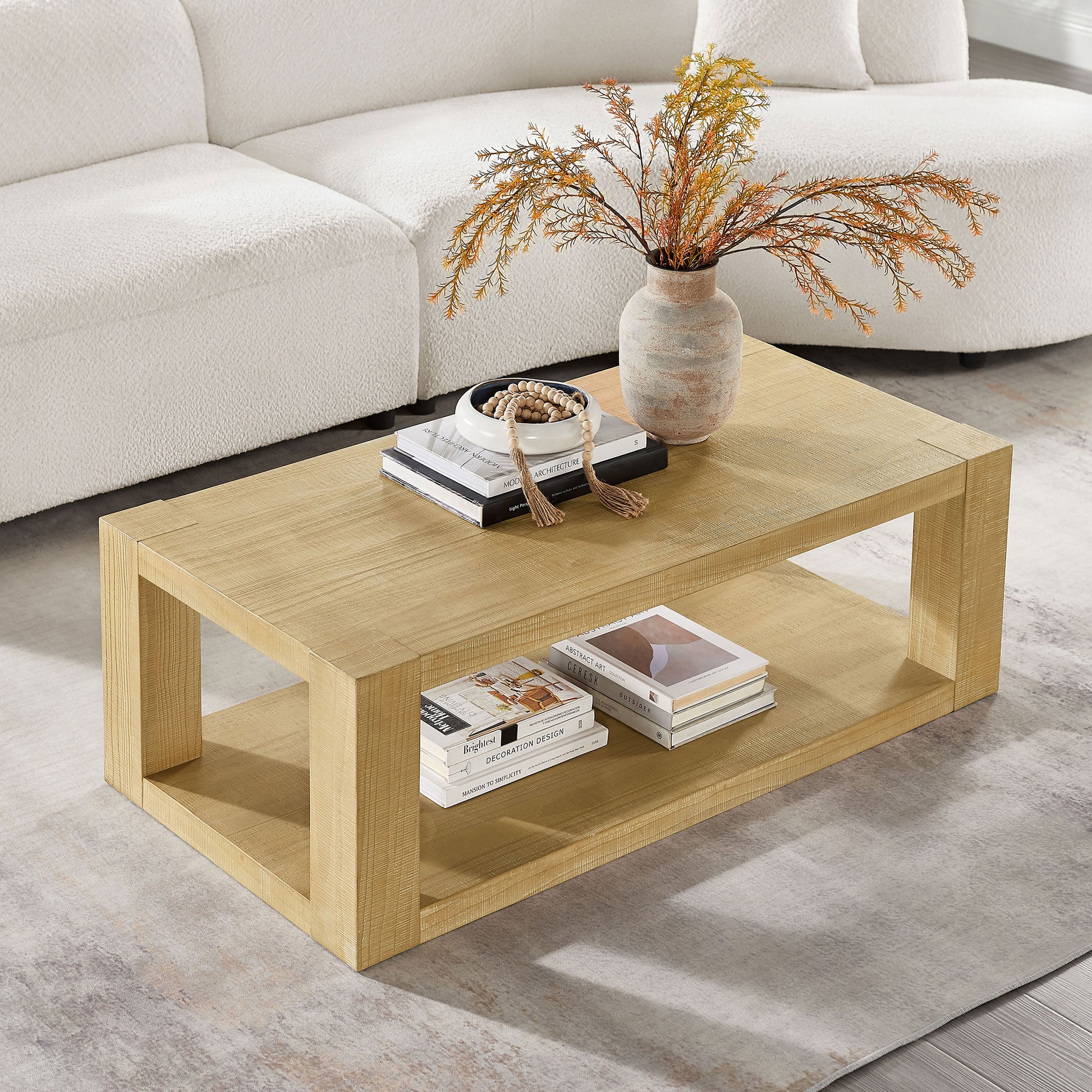 Modern Design 48 Inch Rectangular Coffee Table,2-Tier MDF Rectangle Coffee Table For Living Room,Office,Natural Color