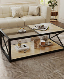 Modern Coffee Table For Bedroom & Living Room, Tempered Glass&Natural Wood MDF Top , Industrial Style Coffee Table