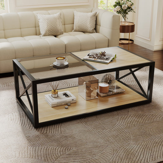 Modern Coffee Table For Bedroom & Living Room, Tempered Glass&Natural Wood MDF Top , Industrial Style Coffee Table