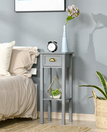 2-Tier Tall Side Table, Nightstand End Table W/ Drawer & Bottom Shelf For Living Room, Bedroom, Gray