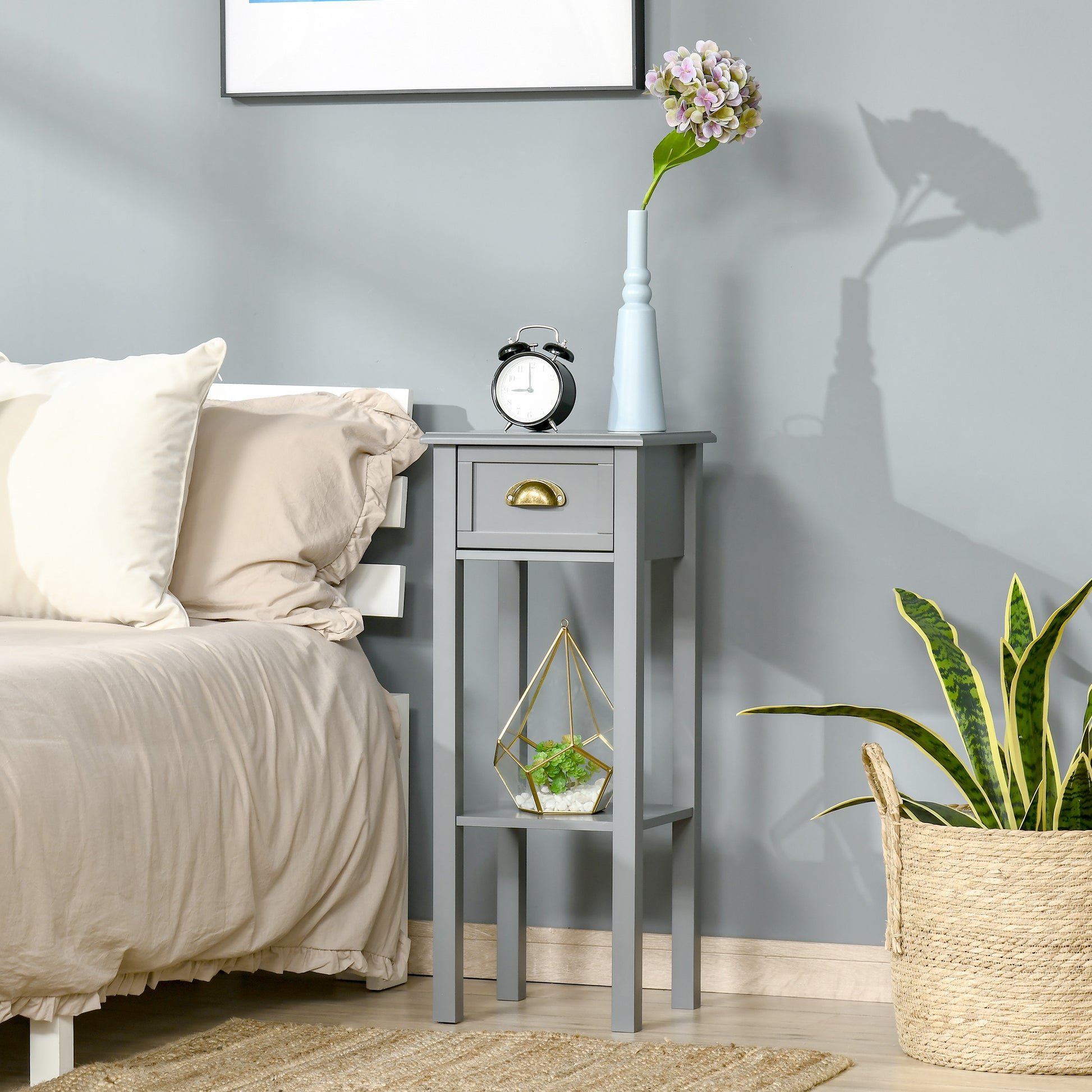 2-Tier Tall Side Table, Nightstand End Table W/ Drawer & Bottom Shelf For Living Room, Bedroom, Gray