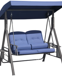 2-Person Patio Swing Bench with Adjustable Shade Canopy, Soft Cushions, Throw Pillows and Tray, Dark Blue