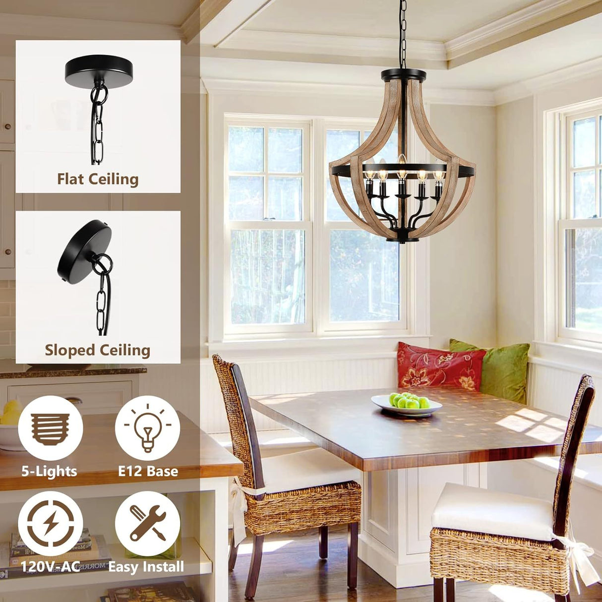 Solid Wood Modern Chandelier For Dining Room, Living Room, Kitchen, Island, Bedroom, Foyer, Height Adjustable, Brown Unavailable Platforms- CJDS