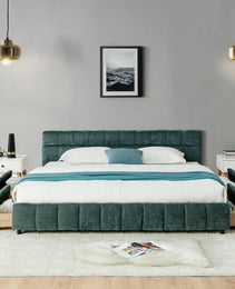 California King Size Upholstered Bed ,comfortable Upholstered Bed Frame, Chenille Fabric, With Headboard And Solid Bed Frame. With Drawer For Storage.-Blue Green 90.5x80.5x31