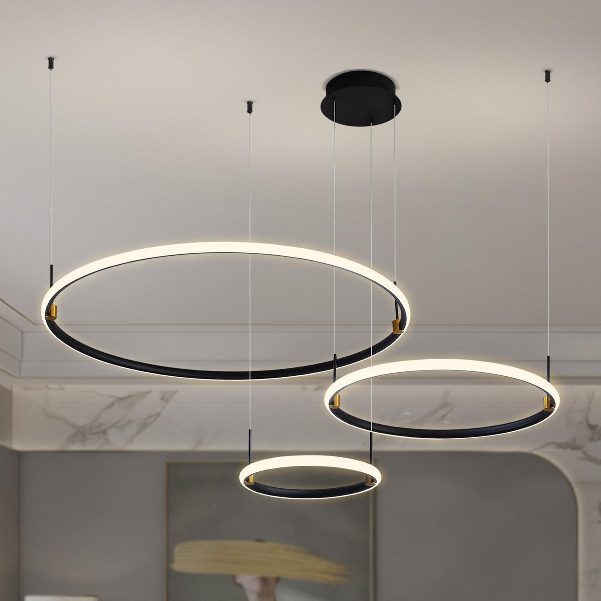 Modern Chandelier Black 3 Ring Chandelier for Living Room High Ceiling Chandelier Light Fixture with Remote Control LED Lights Dimmable 2700-6000K Foyer Light