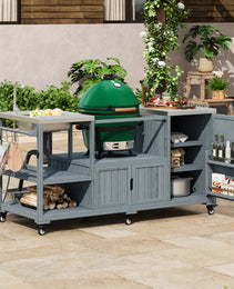 K&K 75.4  Outdoor Kitchen Island With Sink, Solid Wood Outdoor Grill Cart For XL Green Egg Grills, Rolling Outdoor Bar Cart With Stainless Steel Top, For Pizza Prep & BBQ, Grey Blue