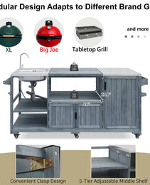 K&K 75.4  Outdoor Kitchen Island With Sink, Solid Wood Outdoor Grill Cart For XL Green Egg Grills, Rolling Outdoor Bar Cart With Stainless Steel Top, For Pizza Prep & BBQ, Grey Blue