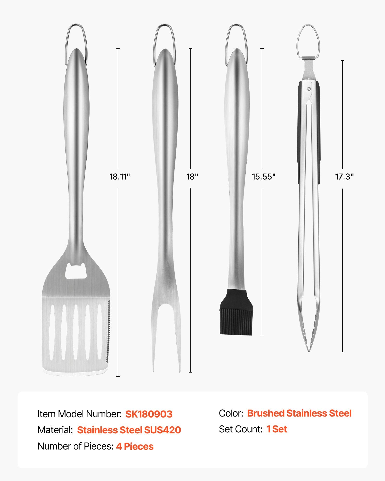 4PCS Grilling Tool Set BBQ Grill Accessories Stainless Steel Barbecue Utensil