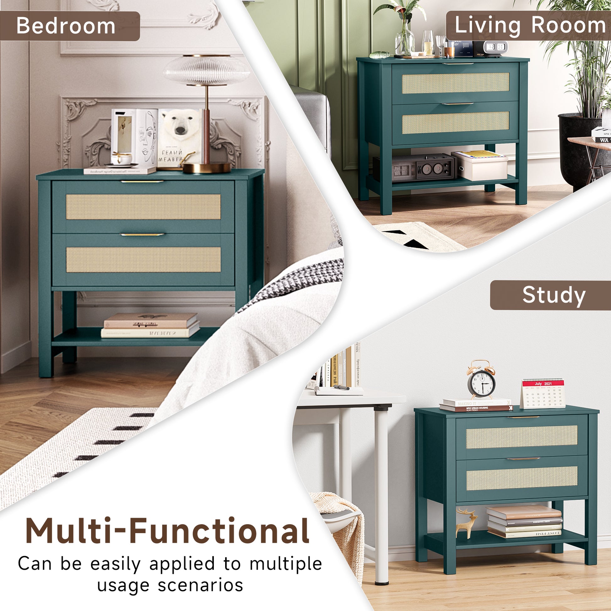 Rattan Nightstand With 2 Drawers And Storage Shelf Boho Bedside Narrow Side Table For Bedroom