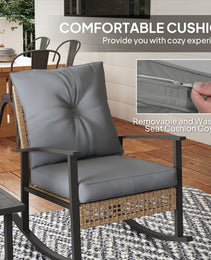 3 Pieces Bistro Set, Patio Wicker Furniture Set with Button Tufted Cushions, Rattan Rocking Chairs, Coffee Table, Gray
