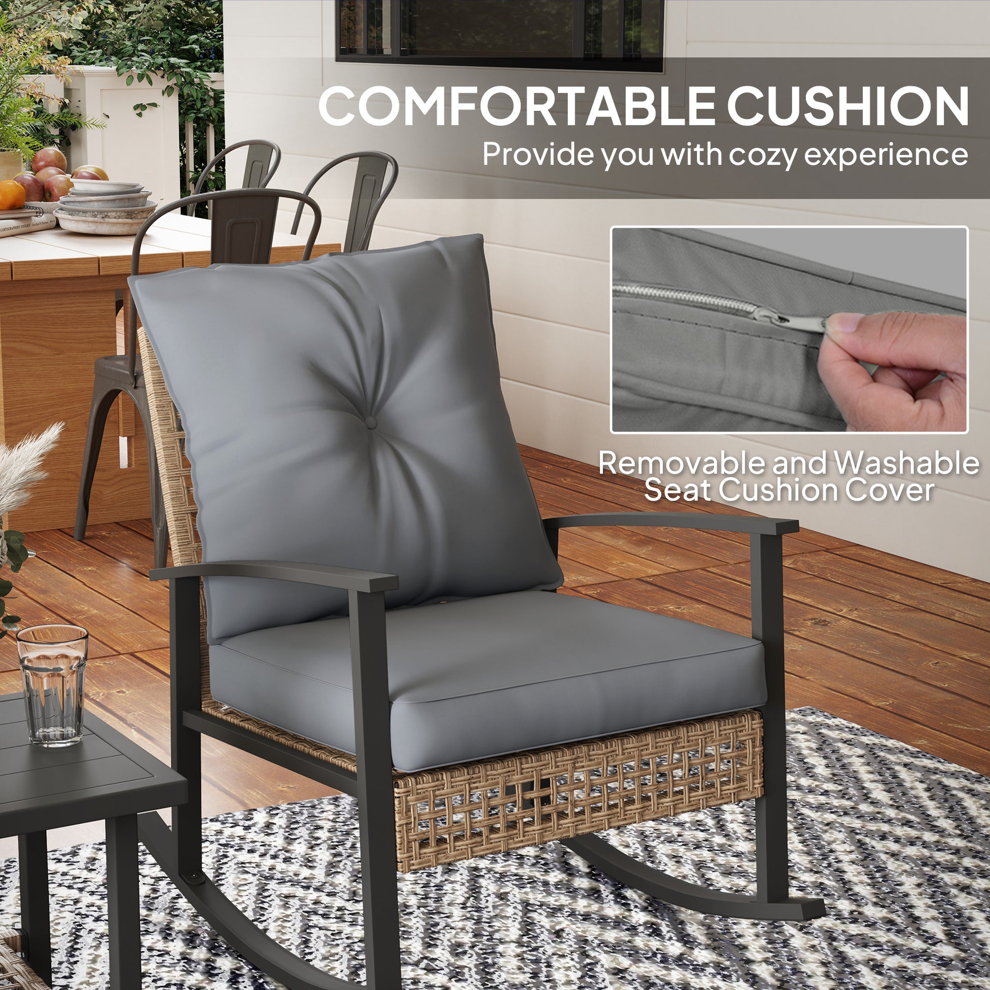 3 Pieces Bistro Set, Patio Wicker Furniture Set with Button Tufted Cushions, Rattan Rocking Chairs, Coffee Table, Gray
