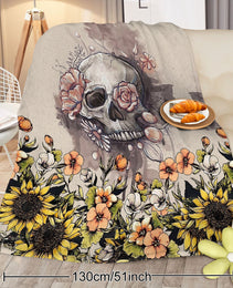 Rustic Skull Sunflower Flannel Fleece Blanket Floral Skull Flannel Soft Plush Throw Blanket Cozy Blankets For Bed Chair Car Sofa Couch Bedroom 75x100cm 130x150cm 150x200cm
