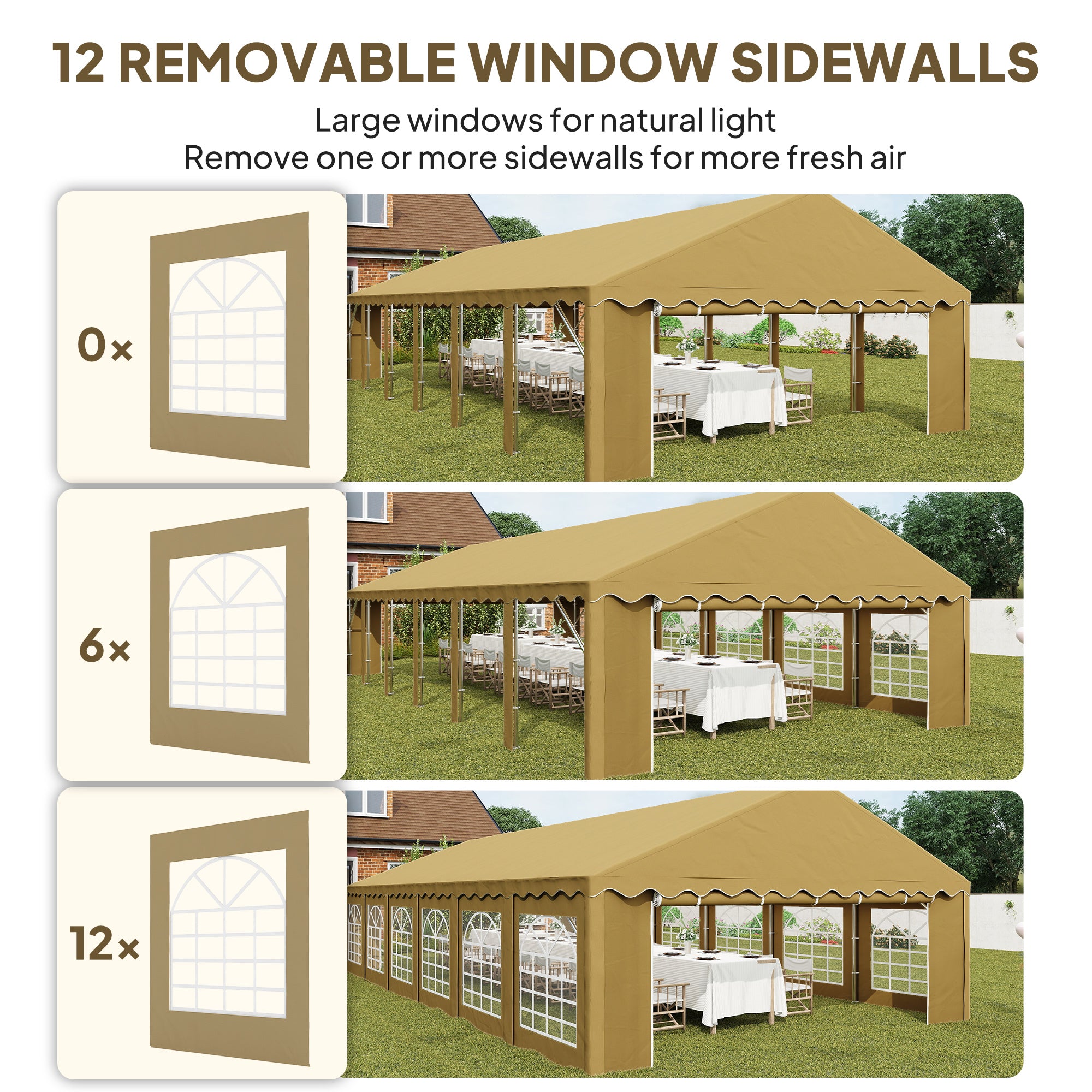 20’ x 40’ Party Tent, Outdoor Canopy Tent with Removable Sidewalls, 12 Windows for Parties, Wedding, Events, BBQ, Brown