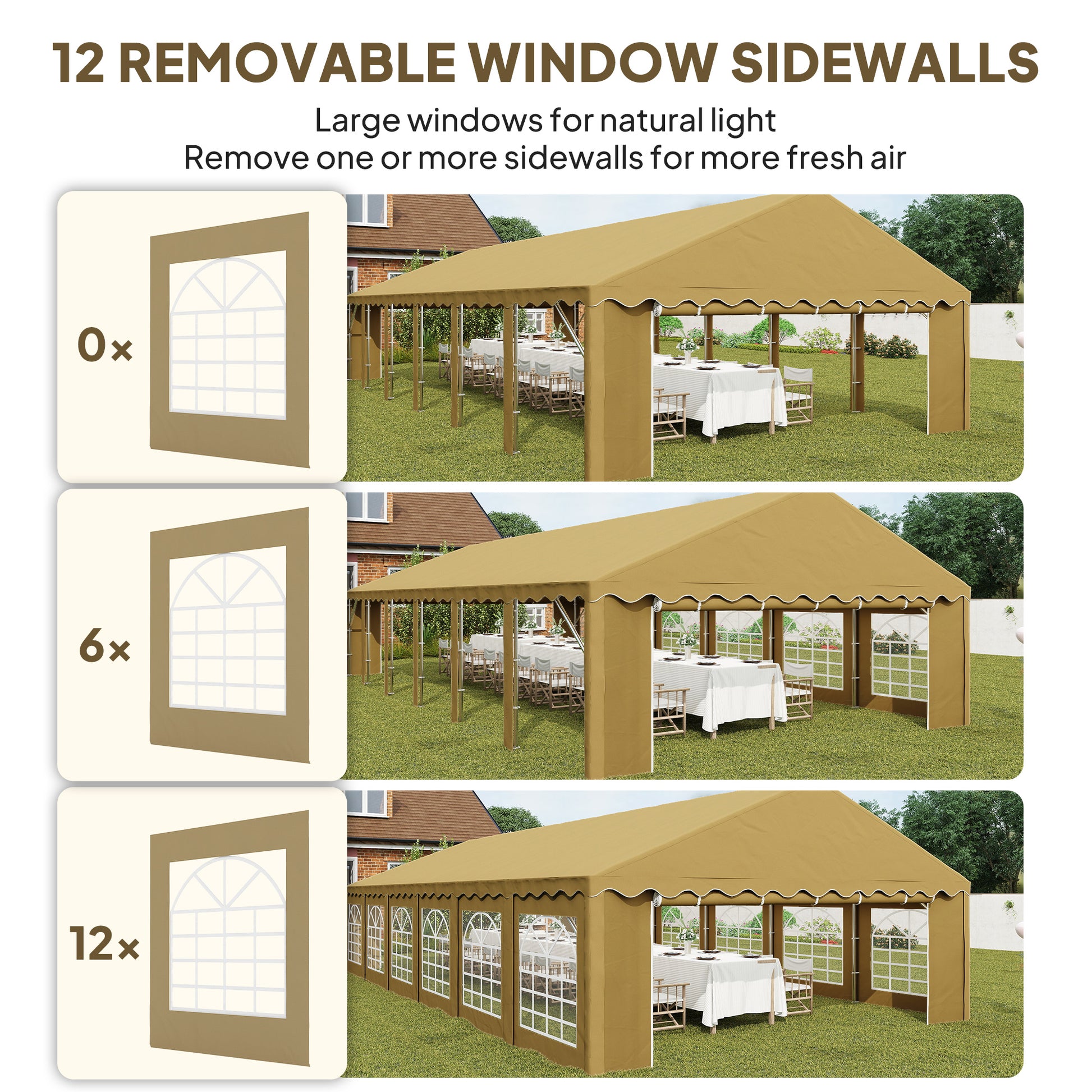 20’ x 40’ Party Tent, Outdoor Canopy Tent with Removable Sidewalls, 12 Windows for Parties, Wedding, Events, BBQ, Brown