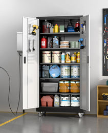Aobabo Upgrade Metal Garage Storage Cabinet With Wheels And Pegboards, 5 Adjustable Shelves Steel Storage Cabinets For Home,Warehouse,Garage,Assembly Required,Black And Sliver
